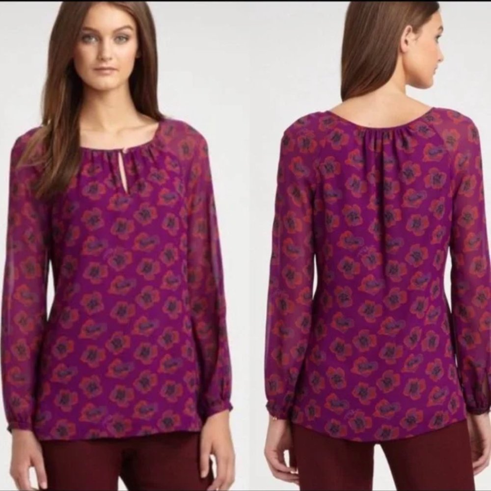 Tory Burch Floral Purple Silk Blouse, Size 2.